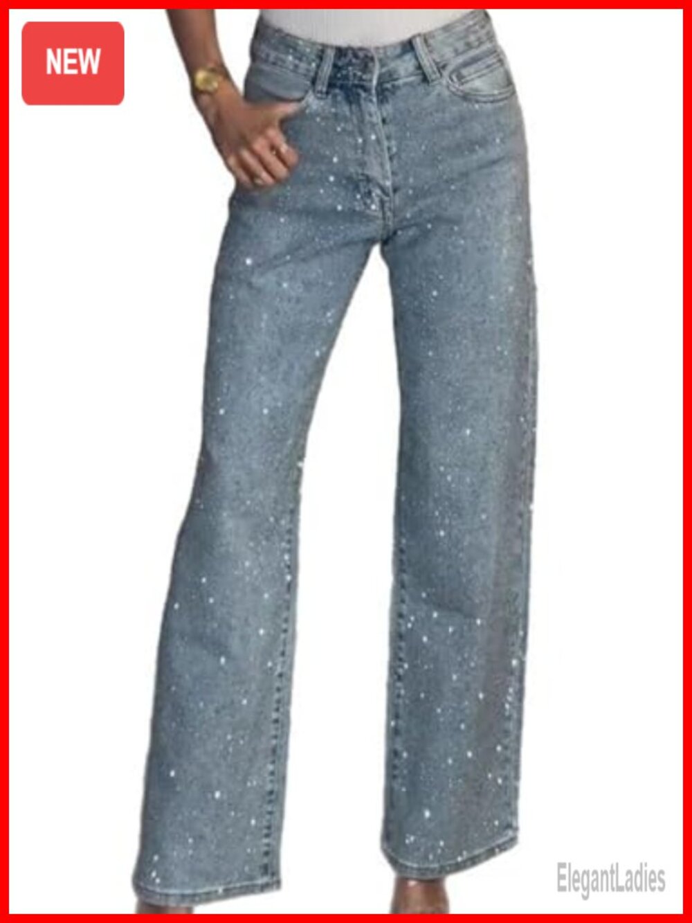 High Waist Rhinestone Jeans Pearl Sparkly Denim Pants Y2K Straight Leg Women's